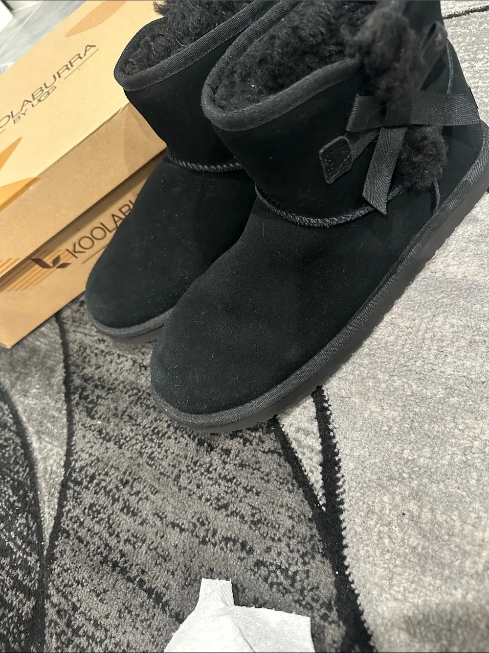 Koolaburra Black Suede Shearling Bow Ankle Boots